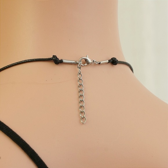 Boho Double Crescent Moon Horn Tassel Necklace Antique Silver Black Cord Gothic - Picture 5 of 5
